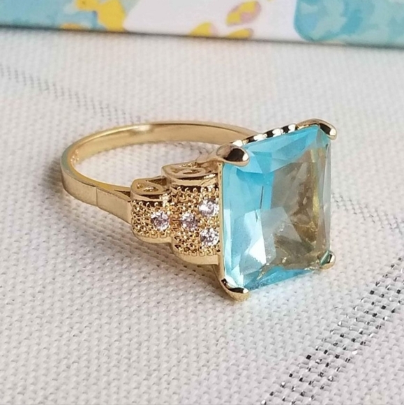 New 18K Gold Plated Emerald Cut Aquamarine Diamond Ring for Women